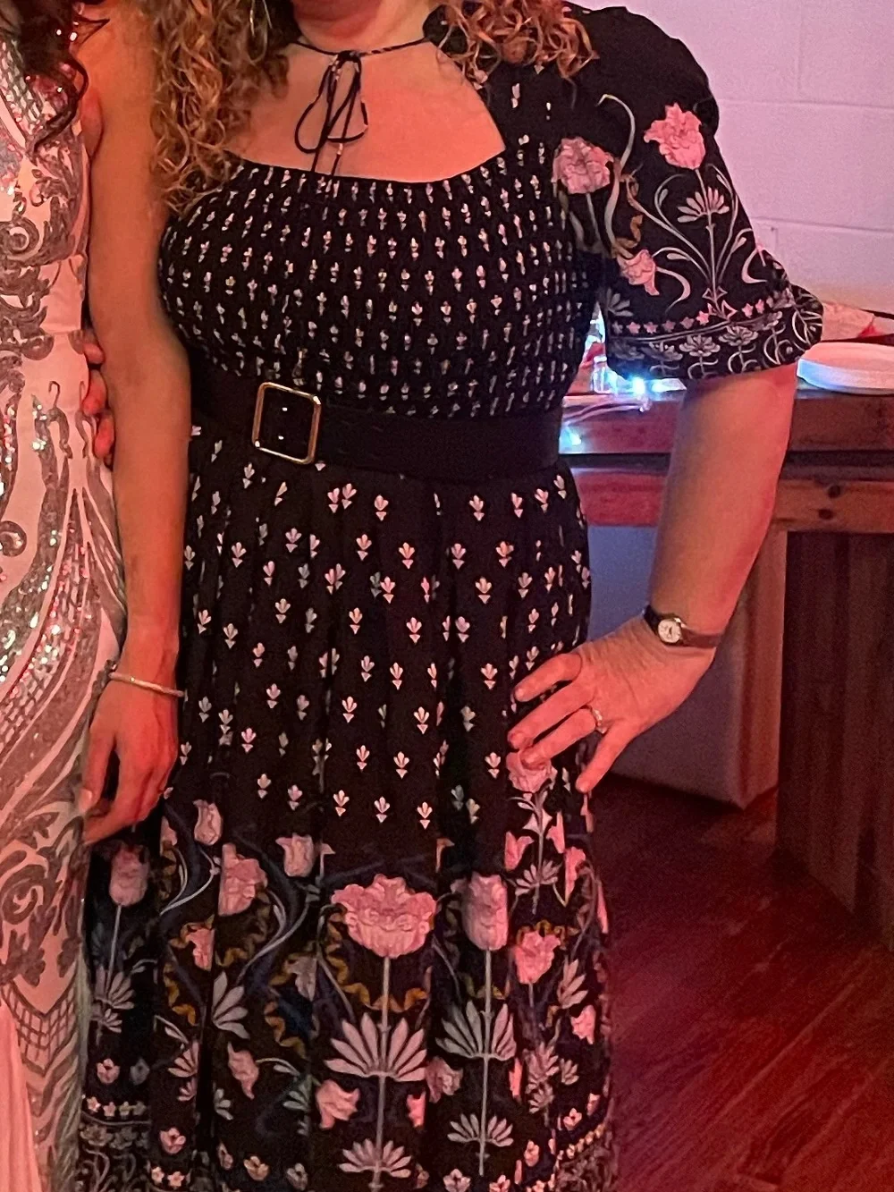 Anthropologie Black Floral Smocked Midi Dress with Pink & Blue Accents - Picture 5 of 5